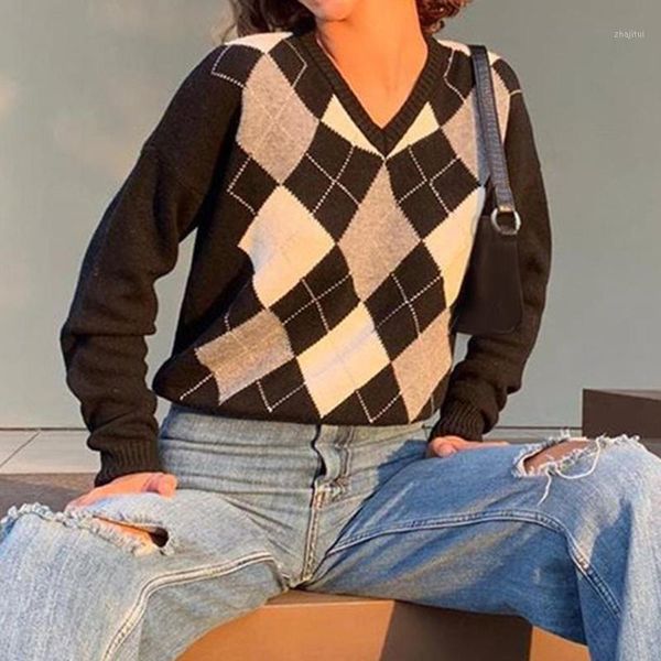 women plaid argyle sweater v neck long sleeve autumn winter knitwear pullover women's sweaters, White;black
women plaid argyle sweater v neck long sleeve autumn winter knitwear pullover women's sweaters, White;black
