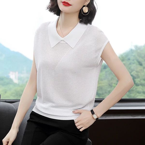 women's t-shirt solid patchwork sleeveless knitted women summer loose mom's knitwear korean style turn-down collar pullover t, White
women's t-shirt solid patchwork sleeveless knitted women summer loose mom's knitwear korean style turn-down collar pullover t, White