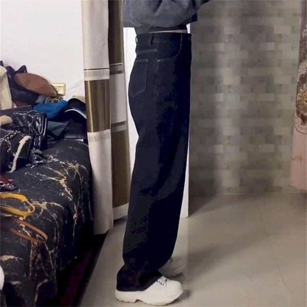 retro straight jeans men women autumn and winter black white loose high waist bf thin wide-leg casual pants trend streetwear women's, Blue 
retro straight jeans men women autumn and winter black white loose high waist bf thin wide-leg casual pants trend streetwear women's, Blue