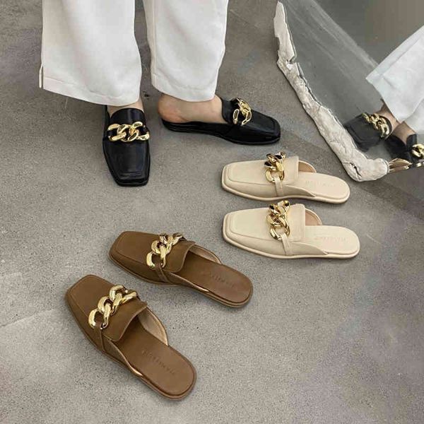 square toe women sandals metal chain slip on flats heeled lazy slides summer outdoor slippers brown black beige size 35-39 210513
square toe women sandals metal chain slip on flats heeled lazy slides summer outdoor slippers brown black beige size 35-39 210513