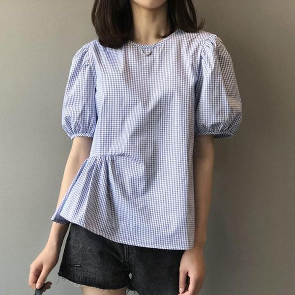 women's t-shirt plaid round neck puff-sleeved shirt short-sleeved pleated waist salt ins style design small tee women japanese, White
women's t-shirt plaid round neck puff-sleeved shirt short-sleeved pleated waist salt ins style design small tee women japanese, White