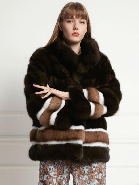 arlenesain custom design dark sable fur patchwork white and brown color women jacket