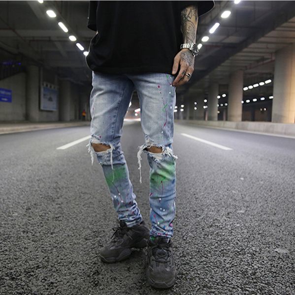 men stretch slim fit painted hole jeans high street panelled biker denim pants big size motocycle men's hip hop trousers for male yc, Blue
men stretch slim fit painted hole jeans high street panelled biker denim pants big size motocycle men's hip hop trousers for male yc, Blue