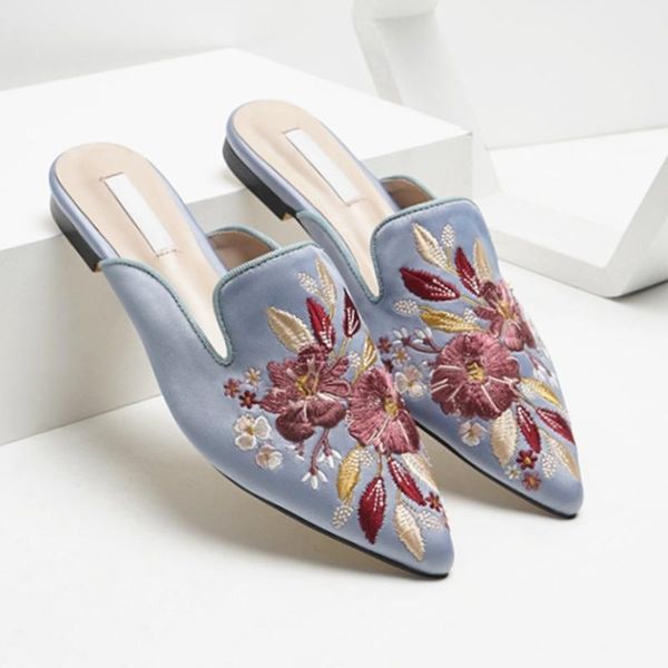 women's mules summer trend flower embroidery ponited toe half slippers female low heel elegant ladies party shoes flat slides, Black
women's mules summer trend flower embroidery ponited toe half slippers female low heel elegant ladies party shoes flat slides, Black