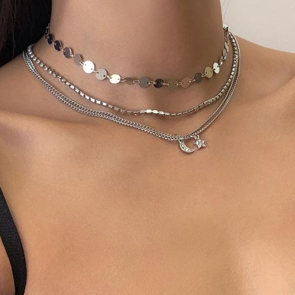 chains star moon necklace lady rhinestone necklaces geometric multilayer sequins creative fashion clavicle chain retro alloy brincos, Silver