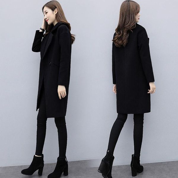 women's wool & blends autumn winter woolen coat korean fashion turn-down collar medium length outwear female loose solid jacket l998, Black
women's wool & blends autumn winter woolen coat korean fashion turn-down collar medium length outwear female loose solid jacket l998, Black