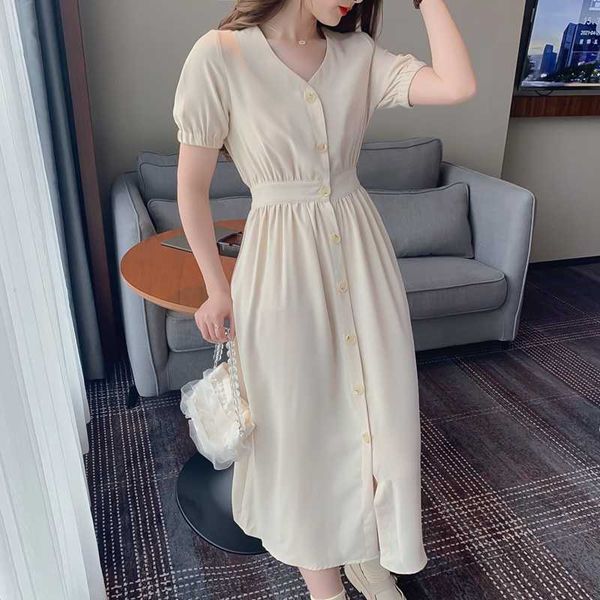 fashion ladies french style v-neck short sleeve high waist slim sweet single-breasted a-line long dress 210529, Black;gray
fashion ladies french style v-neck short sleeve high waist slim sweet single-breasted a-line long dress 210529, Black;gray