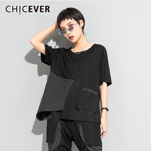 women's t-shirt chicever striped patchwork t shirt for women o neck short sleeve irregular pockets shirts females 2021 fashion clothing, White
women's t-shirt chicever striped patchwork t shirt for women o neck short sleeve irregular pockets shirts females 2021 fashion clothing, White