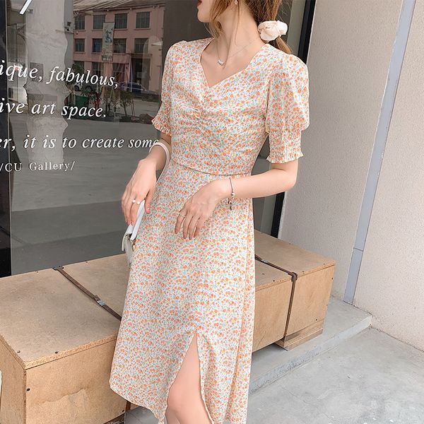 floral woman dress blue korean chic slit short puff sleeve v-neck clothing fashion casual summer folds orange dresses, Black;gray
floral woman dress blue korean chic slit short puff sleeve v-neck clothing fashion casual summer folds orange dresses, Black;gray