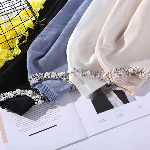 autumn winter women beaded sweater o-neck elegant sweater jumper loose casual warm femme knitting bottom shirt 210420, White;black
autumn winter women beaded sweater o-neck elegant sweater jumper loose casual warm femme knitting bottom shirt 210420, White;black