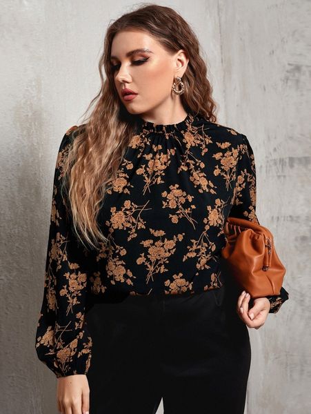 plus frilled neck lantern sleeve allover floral 54no#, Black 
plus frilled neck lantern sleeve allover floral 54no#, Black