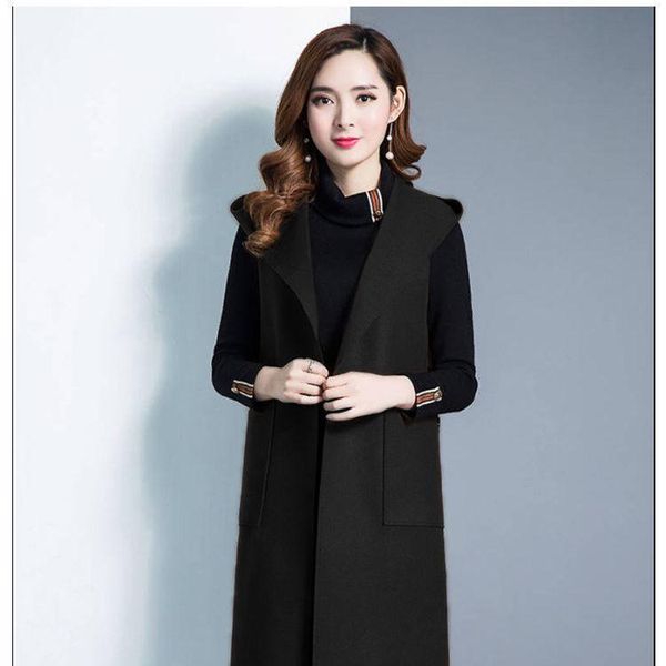 women's wool & blends korean temperament sleeveless mid-length woolen coat women loose solid color slim pocket hoodie, Black
women's wool & blends korean temperament sleeveless mid-length woolen coat women loose solid color slim pocket hoodie, Black
