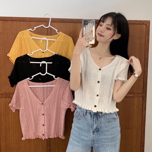 women's t-shirt summer women shirt ruffles knitted short sleeve casual hollow out thin, White
women's t-shirt summer women shirt ruffles knitted short sleeve casual hollow out thin, White