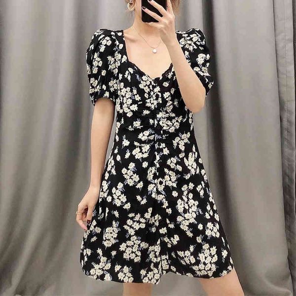 

balck white casual short dress summer women floral print dress holiday boho beach dress vestidos v neck sundress 210415, Black;gray