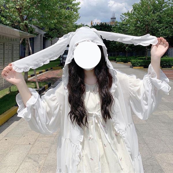 women's jackets japanese fall summer kawaii ears long chiffon coat sweet soft girl sleeve hooded white black jacket 2021, Black;brown
women's jackets japanese fall summer kawaii ears long chiffon coat sweet soft girl sleeve hooded white black jacket 2021, Black;brown
