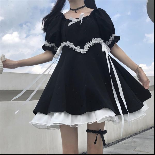 japanese summer women dresses kawaii soft girly dress vintage square collar cute lace up bow sweety ruffles puff sleeve, Black;gray
japanese summer women dresses kawaii soft girly dress vintage square collar cute lace up bow sweety ruffles puff sleeve, Black;gray