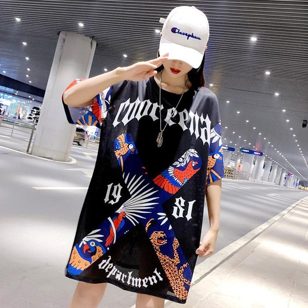 women's t-shirt large size fashion high-end brand loose print harajuku short-sleeved 2021 mid-length graffiti ladies trendy, White 
women's t-shirt large size fashion high-end brand loose print harajuku short-sleeved 2021 mid-length graffiti ladies trendy, White