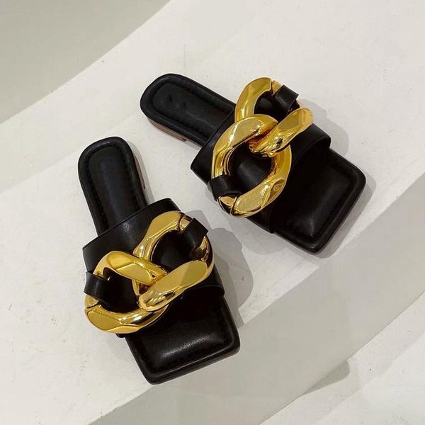 brand women slippers fashion metal chain decorated flat heel slides open toe outdoor beach sandal slip on flip flops, Black
brand women slippers fashion metal chain decorated flat heel slides open toe outdoor beach sandal slip on flip flops, Black