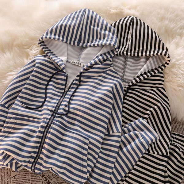 women's hoodies & sweatshirts korean style casual striped cotton cardigan hooded women zipper pockets streetwear vintage female, Black
women's hoodies & sweatshirts korean style casual striped cotton cardigan hooded women zipper pockets streetwear vintage female, Black