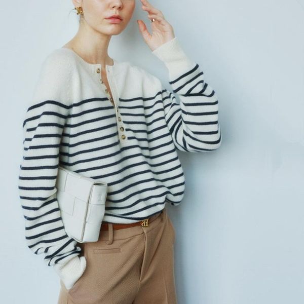 women's sweaters round neck cashmere sweater french half open collar buttoned horizontal striped cardigan long-sleeved pullover lazy kn, White;black
women's sweaters round neck cashmere sweater french half open collar buttoned horizontal striped cardigan long-sleeved pullover lazy kn, White;black