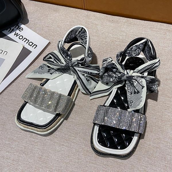 sandals brand designer women's 2021 fashion summer shoes woman flat lace up gladiator beach rhinestone, Black