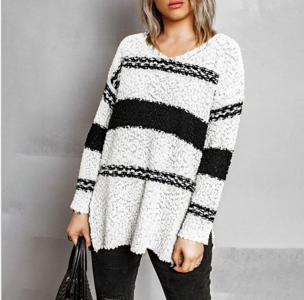 women's sweaters autumn/winter 2021 amazon european v-neck slit loose casual stripe sweater, White;black
women's sweaters autumn/winter 2021 amazon european v-neck slit loose casual stripe sweater, White;black