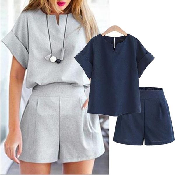 women's tracksuits 2021 summer short-sleeved shirt shorts two-piece suit solid color v-neck office elastic waist short sleeve +, Gray
women's tracksuits 2021 summer short-sleeved shirt shorts two-piece suit solid color v-neck office elastic waist short sleeve +, Gray