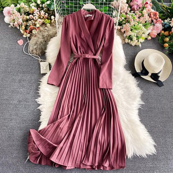 casual dresses spring and autumn elegant solid color women's pleated dress with belt suit collar fashion office black maxi femme robe, Black;gray
casual dresses spring and autumn elegant solid color women's pleated dress with belt suit collar fashion office black maxi femme robe, Black;gray