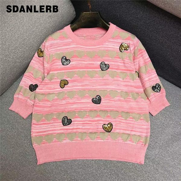 pink love beaded sequins embroidered short sleeve pullover ice silk knitwear women's striped t-shirt 2021 summer, White
pink love beaded sequins embroidered short sleeve pullover ice silk knitwear women's striped t-shirt 2021 summer, White
