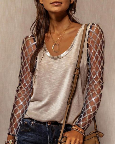 women's t-shirt 2021 summer women fashion elegant solid ladder cut out design casual sequins long sleeve, White
women's t-shirt 2021 summer women fashion elegant solid ladder cut out design casual sequins long sleeve, White