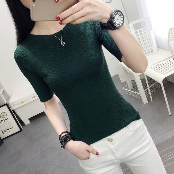 half sleeve cotton crewneck womens sweater head shirt five solid tight thin repair, White;black
half sleeve cotton crewneck womens sweater head shirt five solid tight thin repair, White;black