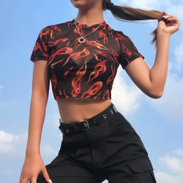 women's t-shirt women sheer mesh 2021 flame print short sleeve see through crop fashion stylish clothes #r20, White
women's t-shirt women sheer mesh 2021 flame print short sleeve see through crop fashion stylish clothes #r20, White