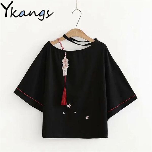 women's t-shirt cherry blossom embroidery tassel sweet hollow black summer short sleeve loose comfortable japanese style streetwear, White
women's t-shirt cherry blossom embroidery tassel sweet hollow black summer short sleeve loose comfortable japanese style streetwear, White