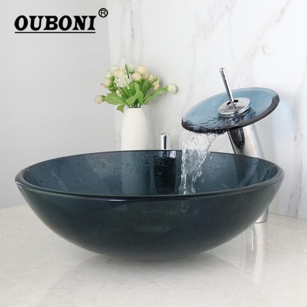 dark blue round tempered clear glass vessel sink with waterfall mixer water up drain transparent bathroom set faucets 
dark blue round tempered clear glass vessel sink with waterfall mixer water up drain transparent bathroom set faucets