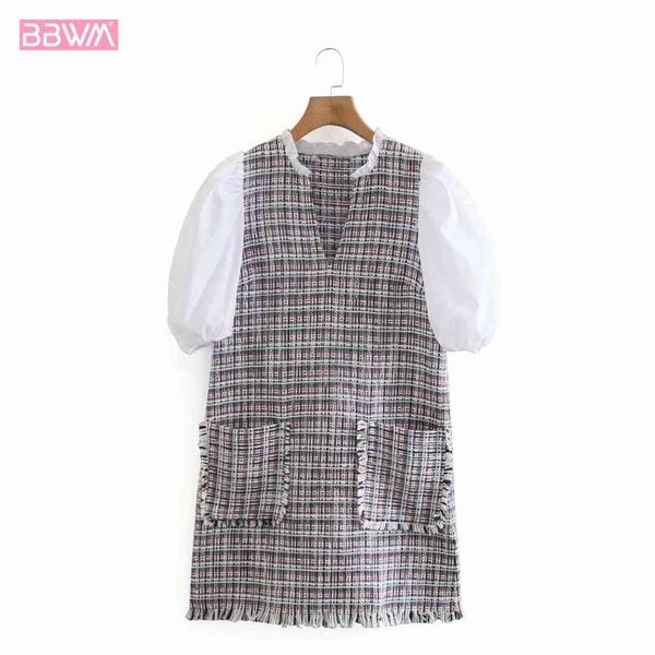 women small fragrant style puff sleeve stitching tweed vintage dress with pocket chic female mini dresses 210507, Black;gray
women small fragrant style puff sleeve stitching tweed vintage dress with pocket chic female mini dresses 210507, Black;gray