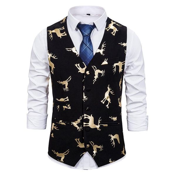 men's vests shiny gold elk foil print christmas vest men 2021 brand slim fit tuxedo waistcoat xmas party prom chaleco hombre, Black;white
men's vests shiny gold elk foil print christmas vest men 2021 brand slim fit tuxedo waistcoat xmas party prom chaleco hombre, Black;white