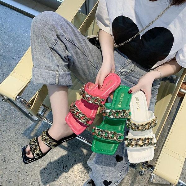 candy color chain slippers square toe summer sandals shoes women open pu leather dress beach slides size40, Black
candy color chain slippers square toe summer sandals shoes women open pu leather dress beach slides size40, Black