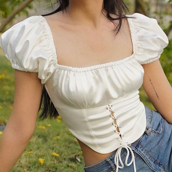 women's t-shirt summer casual solid colors drawstring puff sleeve crop short square neck party camisetas#g3, White
women's t-shirt summer casual solid colors drawstring puff sleeve crop short square neck party camisetas#g3, White