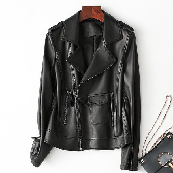 women's leather & faux fashion short slim real jacket women brown white lapel zipper genuine sheepskin coat motorcycle high quality, Black 
women's leather & faux fashion short slim real jacket women brown white lapel zipper genuine sheepskin coat motorcycle high quality, Black