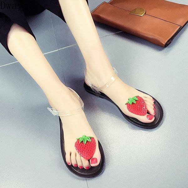 sandals strawberry sandwich toe transparent flat princess wind crystal shoes female, Black