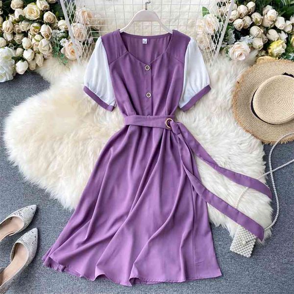 summer women sweet puff sleeve splicing medium dress button high waist waistband design a-line vestidos 210430, Black;gray
summer women sweet puff sleeve splicing medium dress button high waist waistband design a-line vestidos 210430, Black;gray