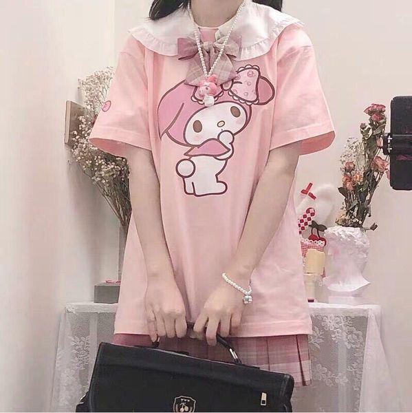 women's t-shirt japanese short sleeve t-shirt, women's cartoon print, pink shirt, doll collar, girls' loose soft shirt, White
women's t-shirt japanese short sleeve t-shirt, women's cartoon print, pink shirt, doll collar, girls' loose soft shirt, White