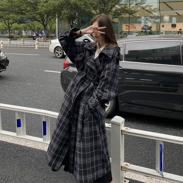 women's wool & blends 2021 korean clothing autumn and winter temperament long woolen coat retro plaid windbreaker belt, Black
women's wool & blends 2021 korean clothing autumn and winter temperament long woolen coat retro plaid windbreaker belt, Black
