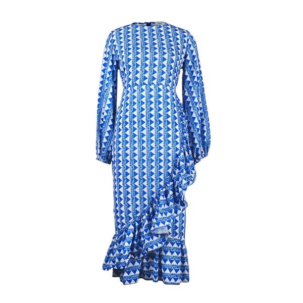 blue printed ruffles ladies dresses o neck long lantern sleeves oversize ruched robes with sashes autumn female fashion 210527, Black;gray
blue printed ruffles ladies dresses o neck long lantern sleeves oversize ruched robes with sashes autumn female fashion 210527, Black;gray