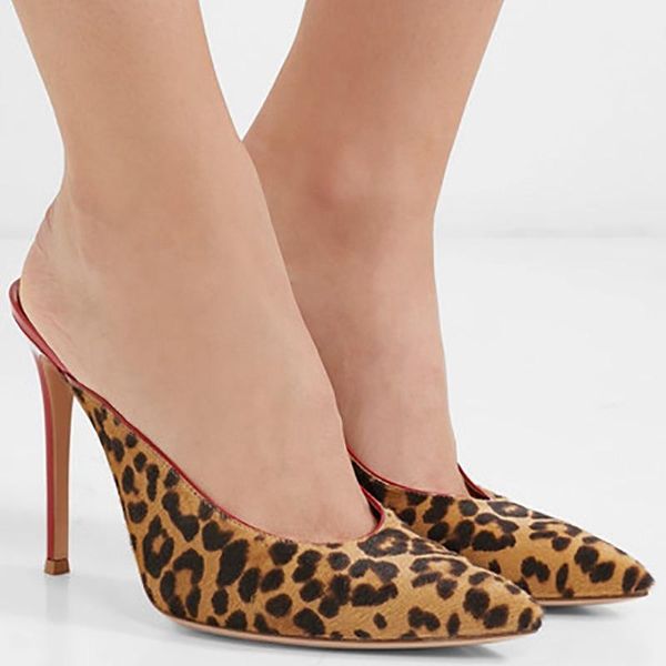 dress shoes fashion leoard horsehair pump for woman thin high heels street slipper low cut slingbacks pointed toe, Black