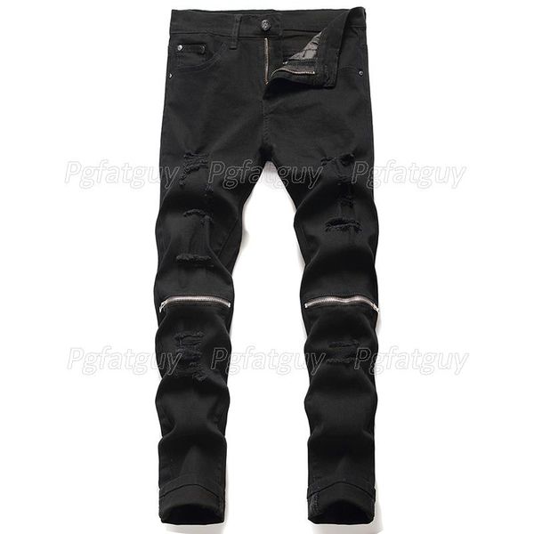 men's jeans mens black straight leg knee zipper design distressed ripped holes high stretch denim pants pantalons pour hommes, Blue
men's jeans mens black straight leg knee zipper design distressed ripped holes high stretch denim pants pantalons pour hommes, Blue