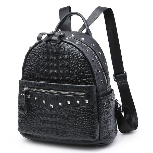 backpack fashion 2021 rivet design women crocodile backpacks for teenagers girls female genuine leather