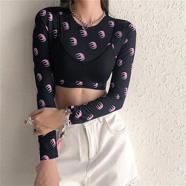 women's t-shirt long sleeve moon print mesh see-through crop camis 2 piece autumn winter women fashion streetwear outfits, White
women's t-shirt long sleeve moon print mesh see-through crop camis 2 piece autumn winter women fashion streetwear outfits, White