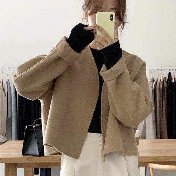 women's wool & blends temperament retro korean loose v long sleeve khaki woolen jacket short autumn cardigan fashion quilted coat casua, Black
women's wool & blends temperament retro korean loose v long sleeve khaki woolen jacket short autumn cardigan fashion quilted coat casua, Black