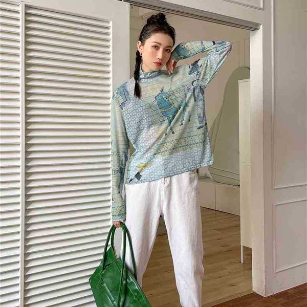 women's t-shirt cartoon t shirt long sleeve tees blue loose turtleneck women plaid abstract print see through fashion tsh u6fx, White
women's t-shirt cartoon t shirt long sleeve tees blue loose turtleneck women plaid abstract print see through fashion tsh u6fx, White